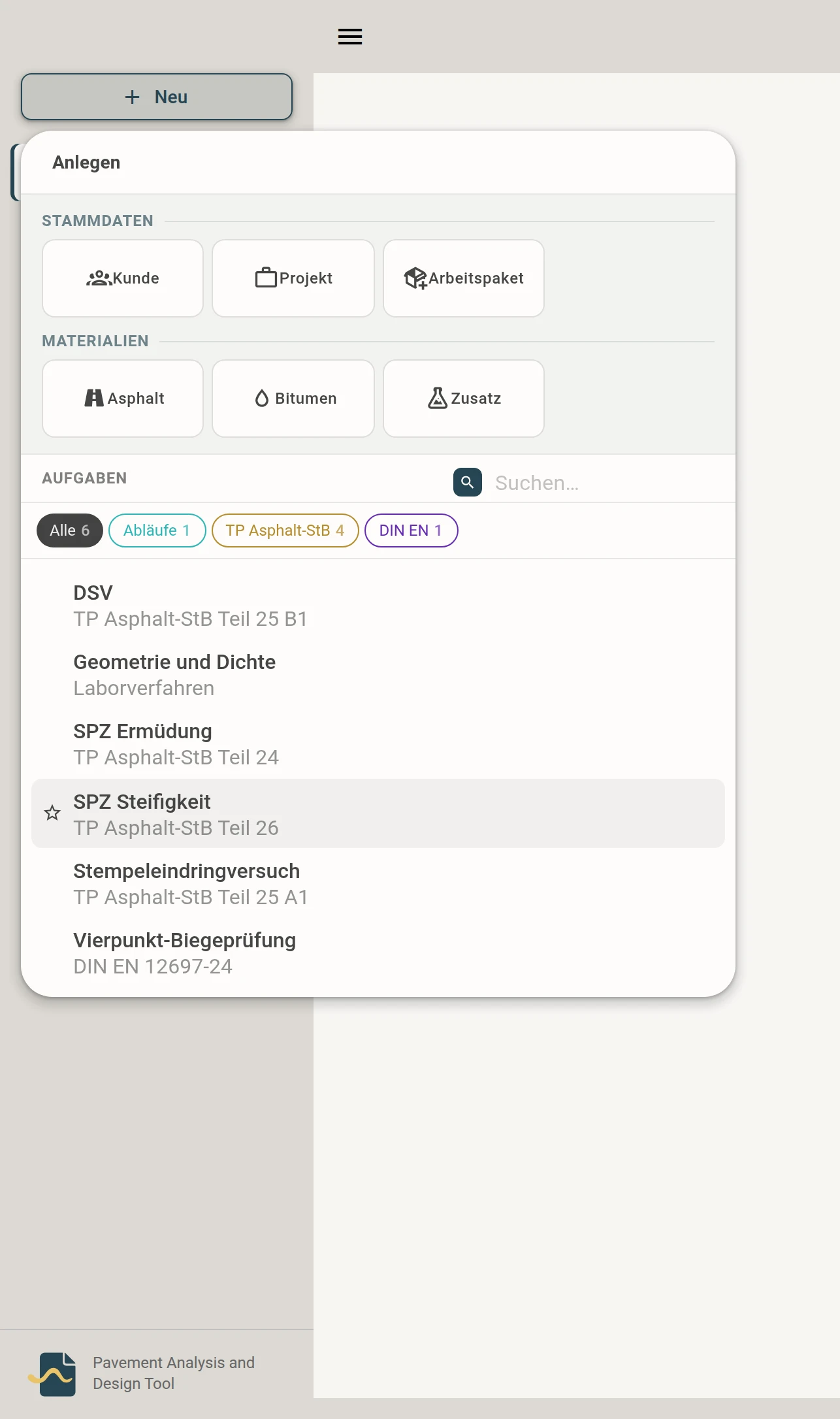 Menü Neu mit Kacheln für Stammdaten und der Liste aller Versuche mit Favoriten