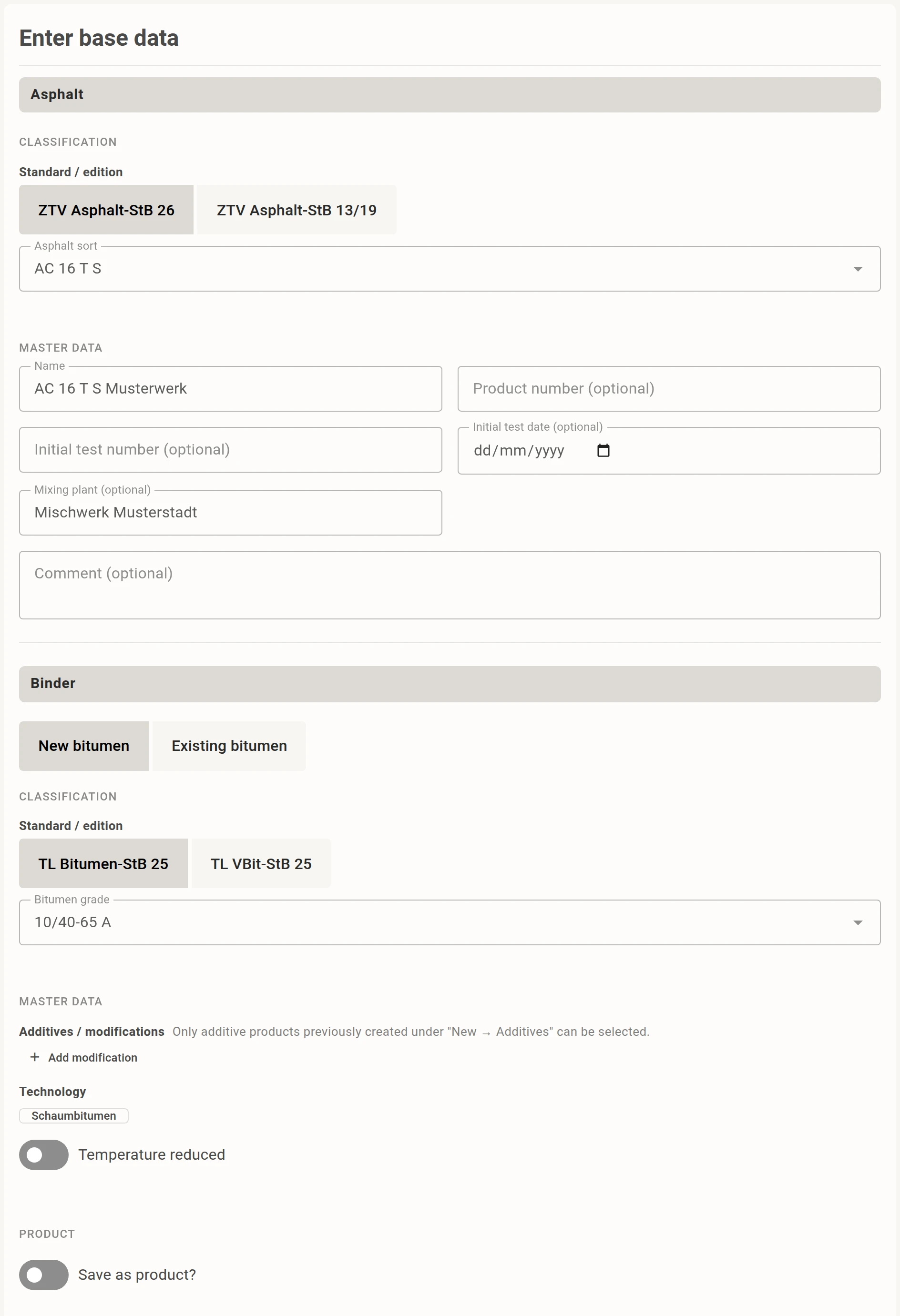 Creating an asphalt with standard, asphalt type and binder from selection lists
