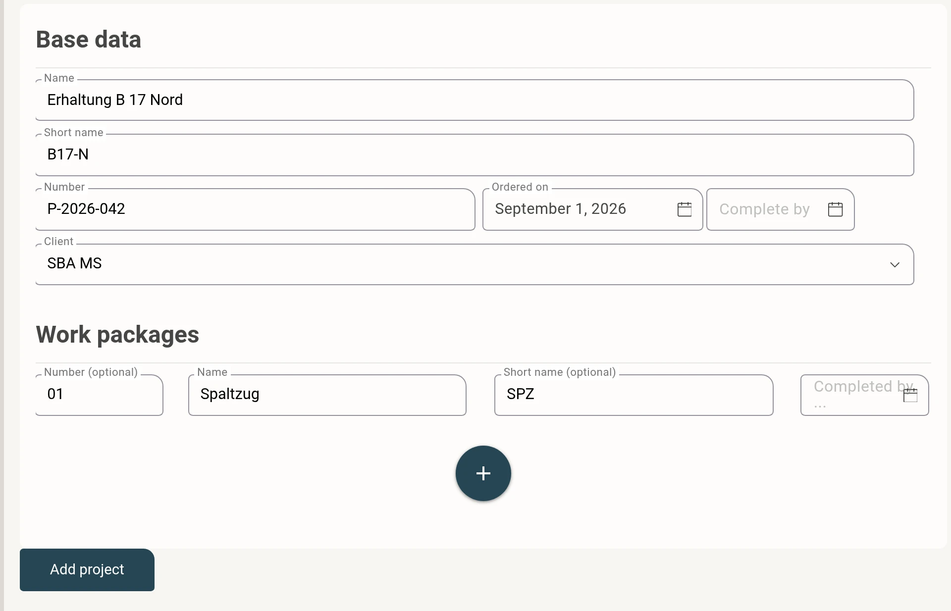 Form for creating a project with name, number, client and work packages