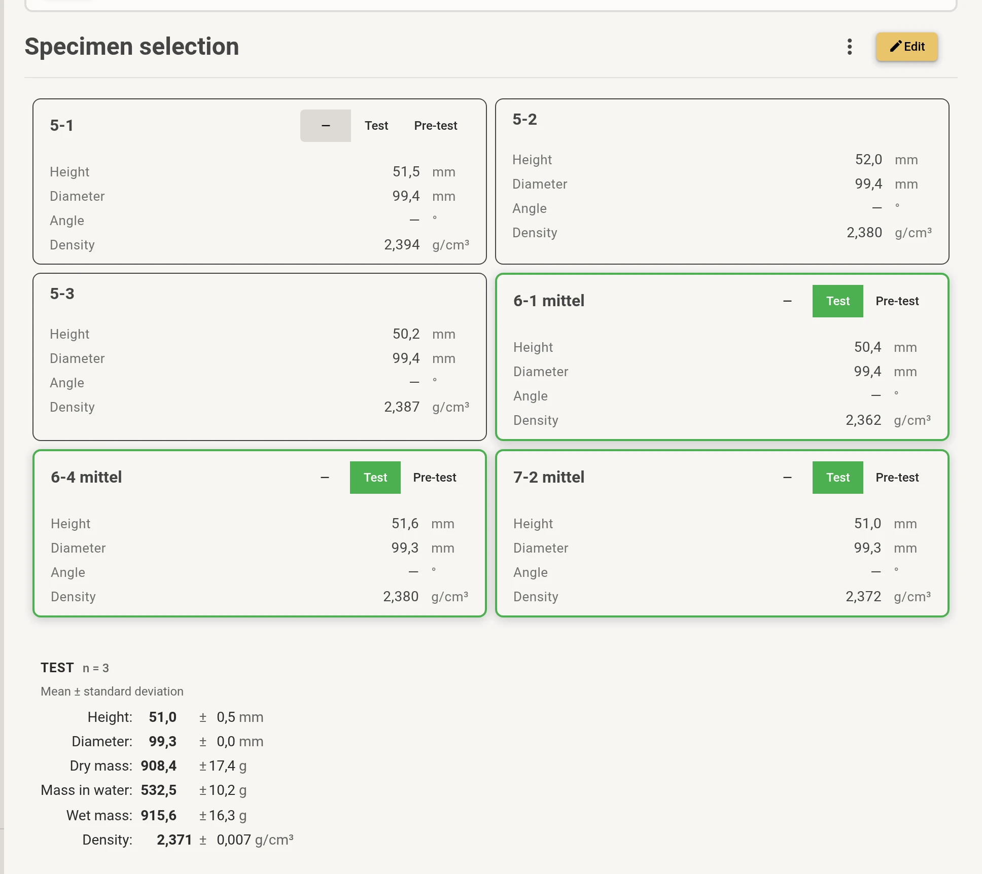 Specimen selection with specimen cards, their dimensions and the statistics of the series
