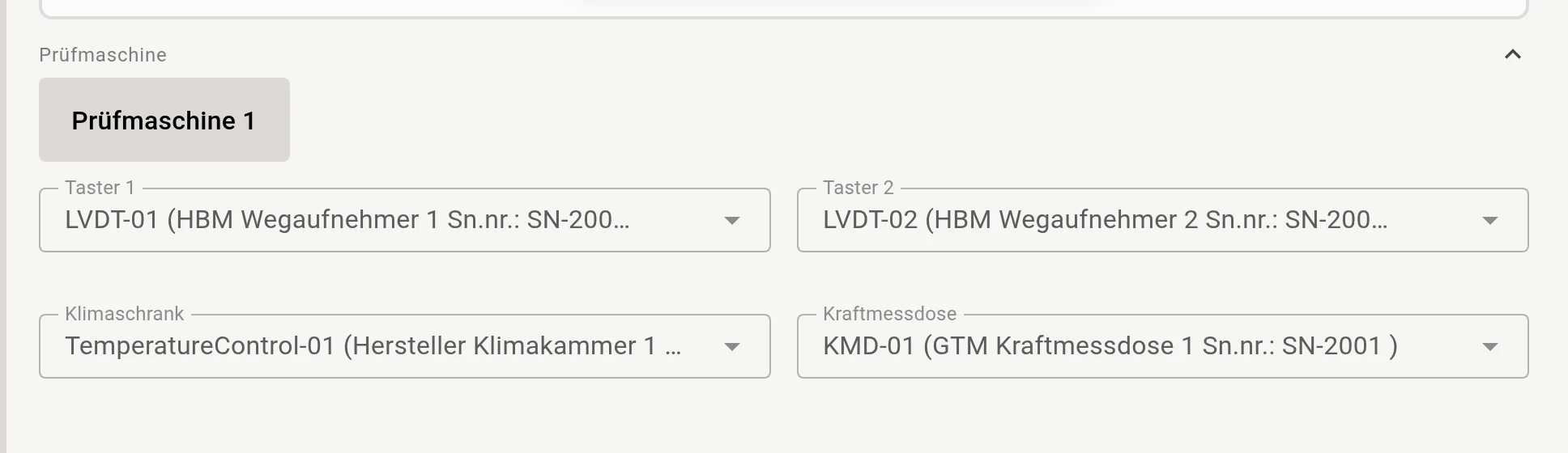 Auswahl der Prüfmaschine mit Tastern, Klimaschrank und Kraftmessdose